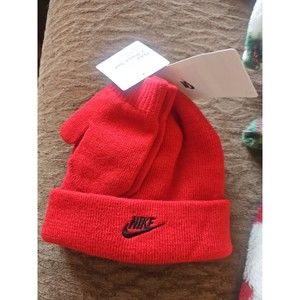 NIKE Beanie Hat And Gloves 2 Piece Set Knit UNIVERSITY RED BLACK Logo 2/4T NEW